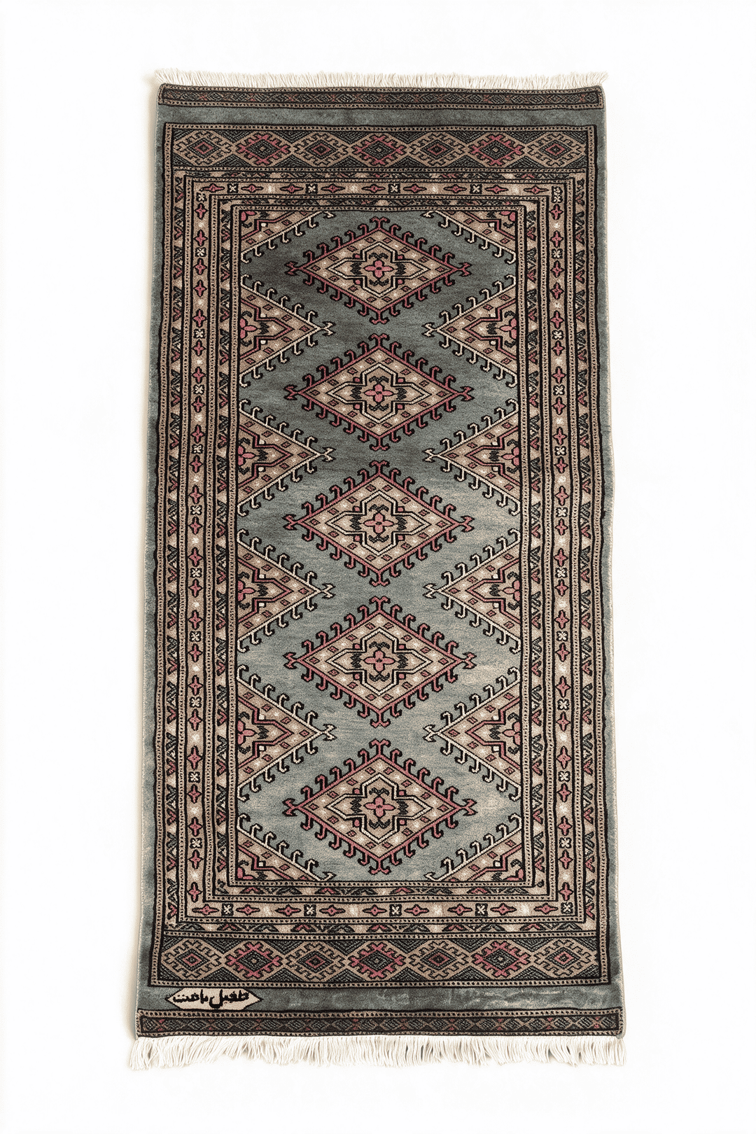 Grey-green and rose Jaldar diamond medallion rug, 63×137cm, signed