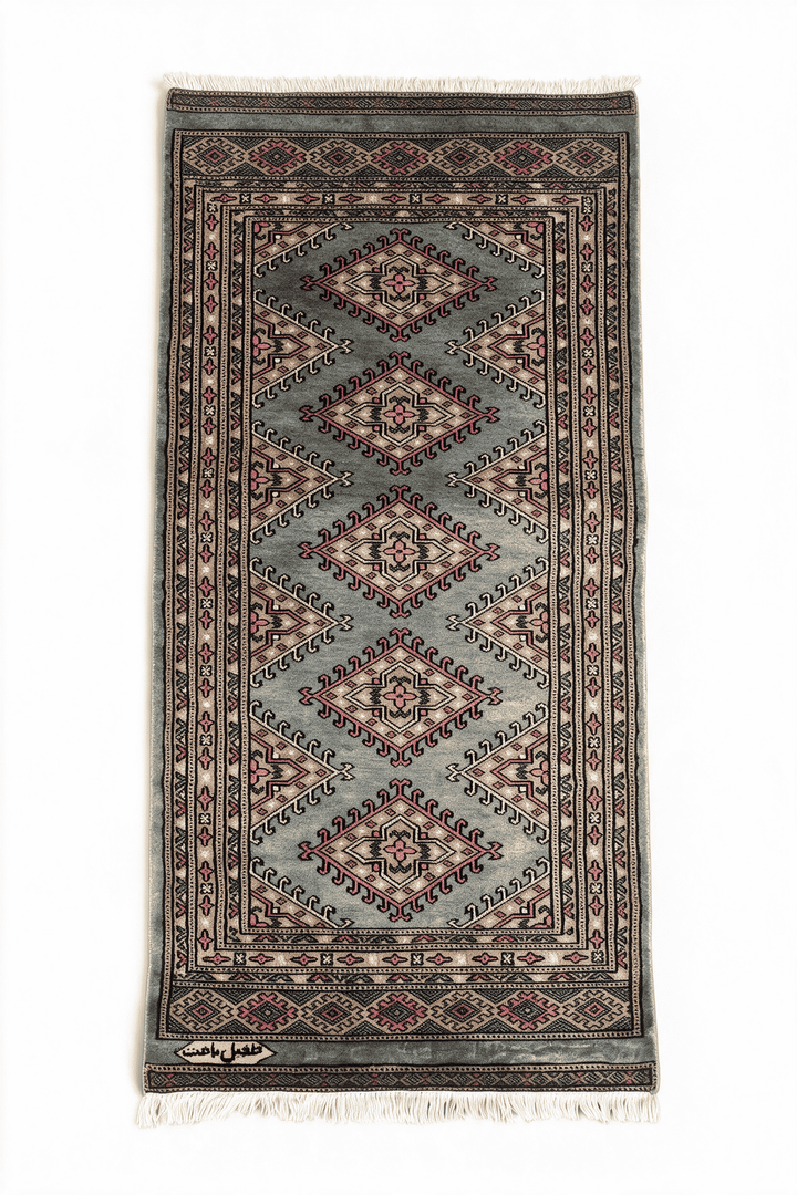 Grey-green and rose Jaldar diamond medallion rug, 63×137cm, signed