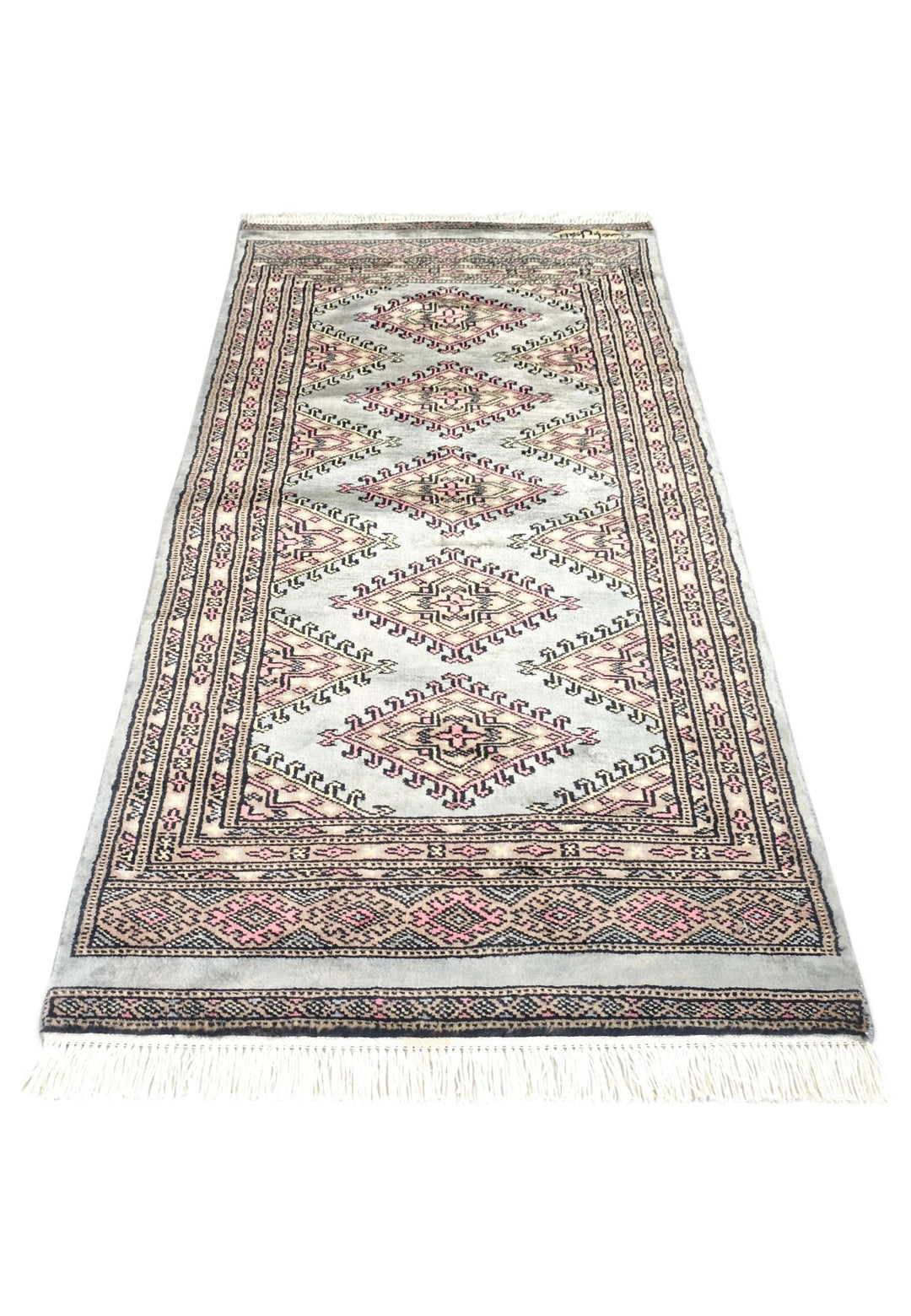 Hand-knotted wool pile of grey-green Jaldar rug, 63×137cm