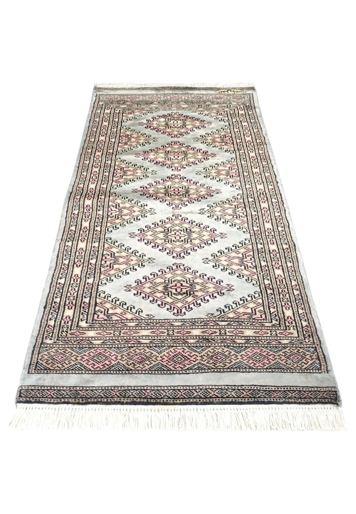 Hand-knotted wool pile of grey-green Jaldar rug, 63×137cm