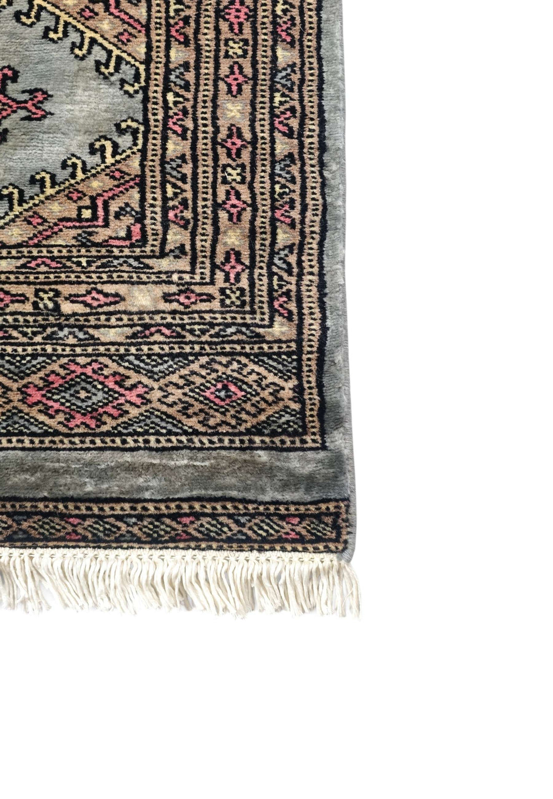 Hand-knotted grey-green Jaldar rug with rose diamond medallion