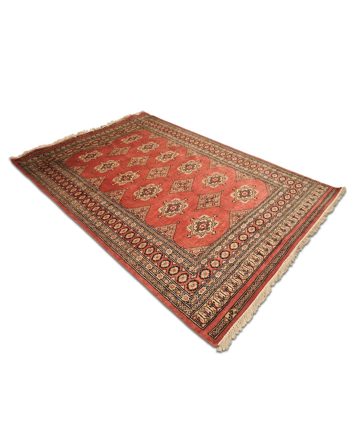 Hand-knotted terracotta Jaldar rug with diamond güls