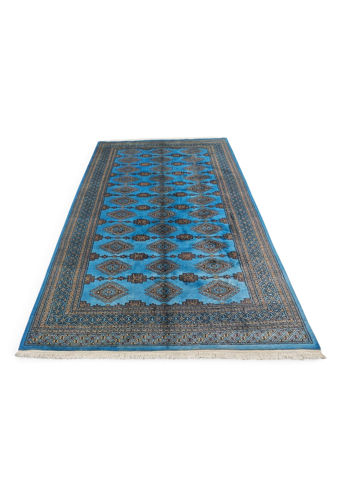 Border detail of azure blue Jaldar hand-knotted Pakistani rug