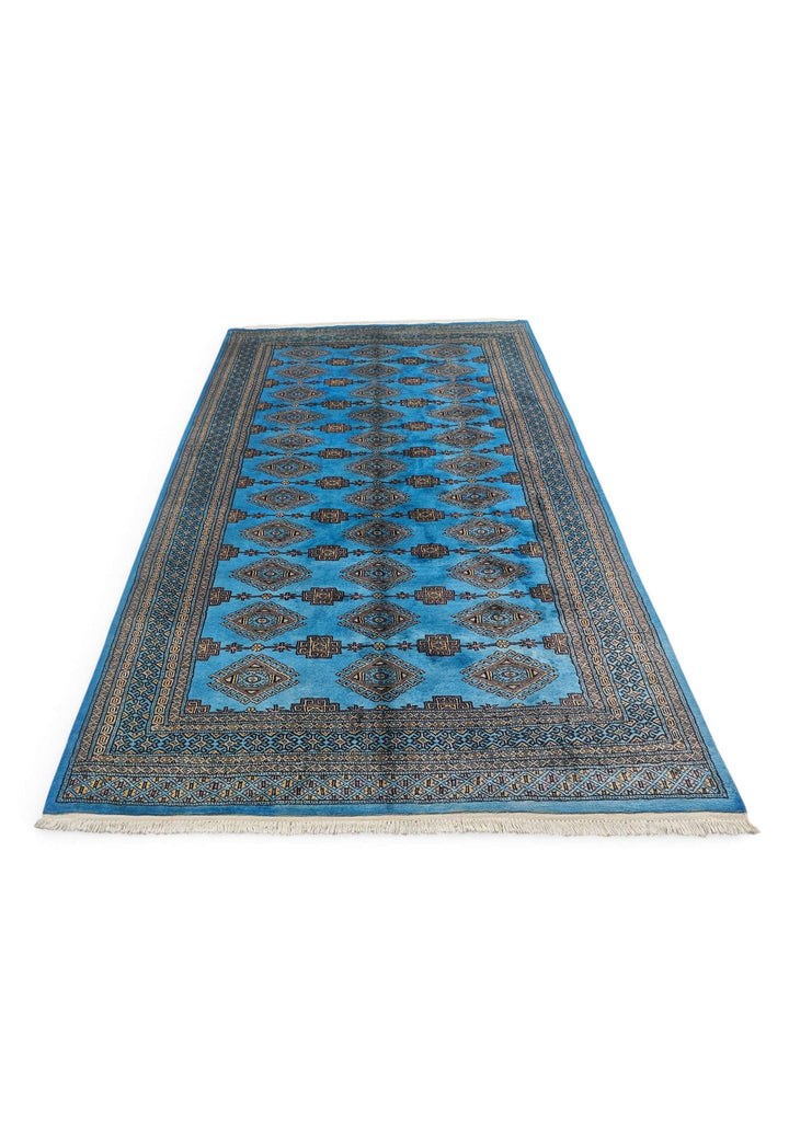 Border detail of azure blue Jaldar hand-knotted Pakistani rug