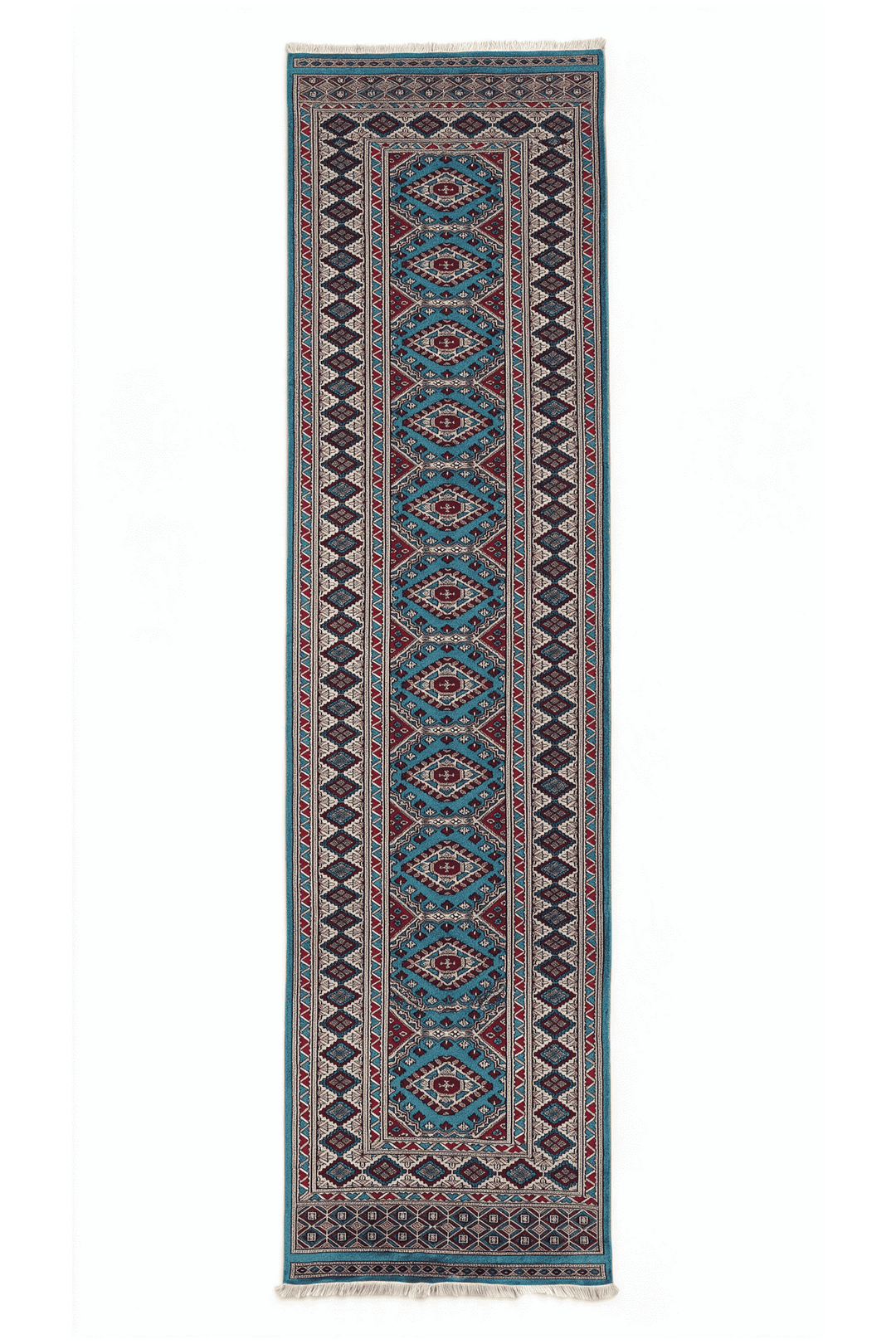 Turquoise and wine red chained diamond medallion runner, 79×320cm