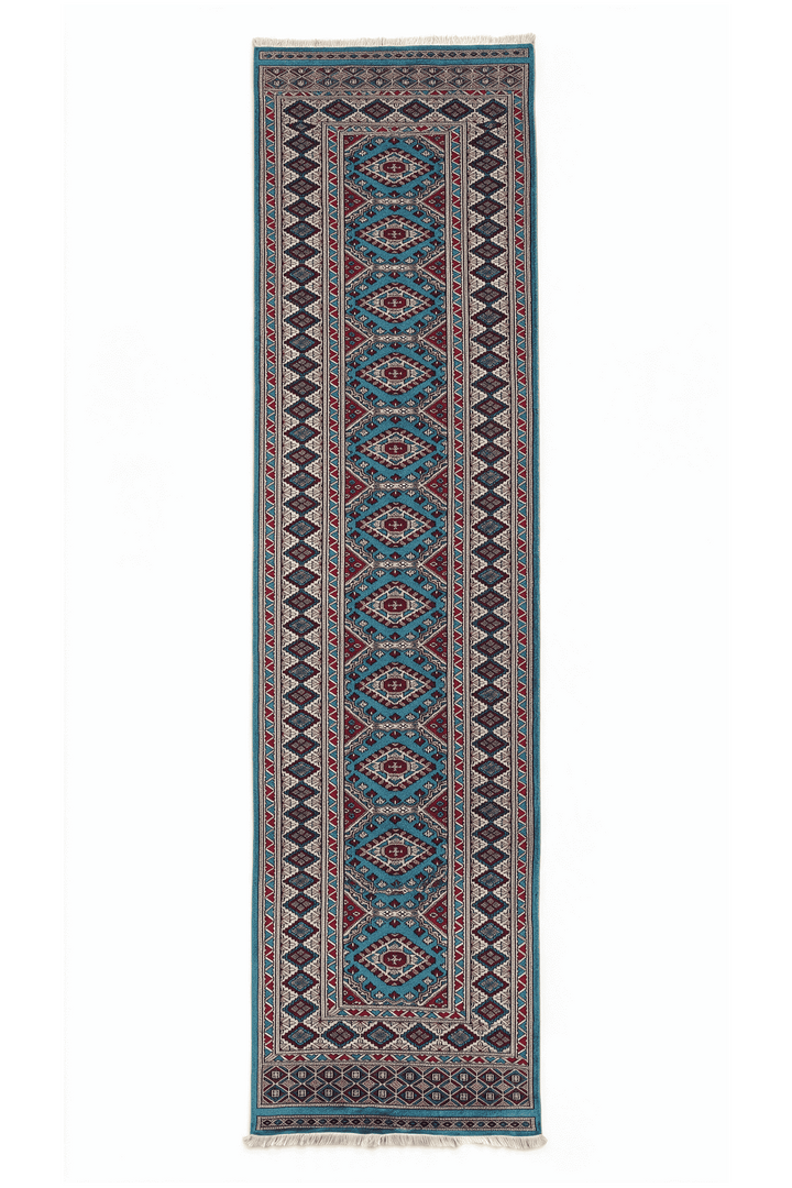 Turquoise and wine red chained diamond medallion runner, 79×320cm