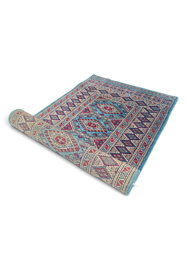 Turquoise and wine red runner for a long hallway, 79×320cm
