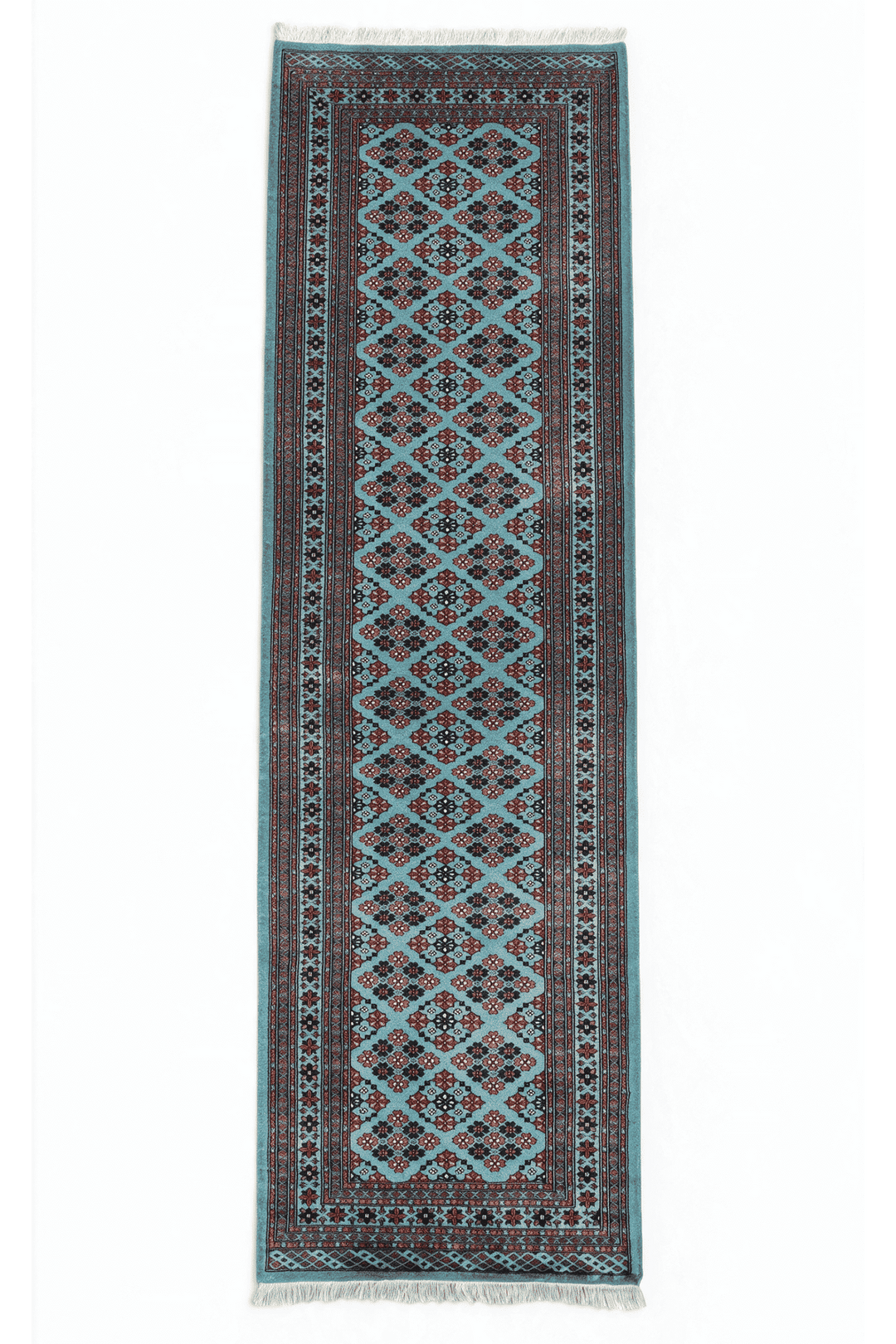 Turquoise and rose polychrome lattice Jaldar runner, 98×303cm
