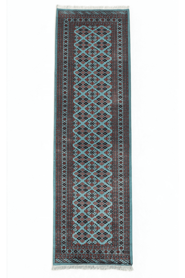 Turquoise and rose polychrome lattice Jaldar runner, 98×303cm