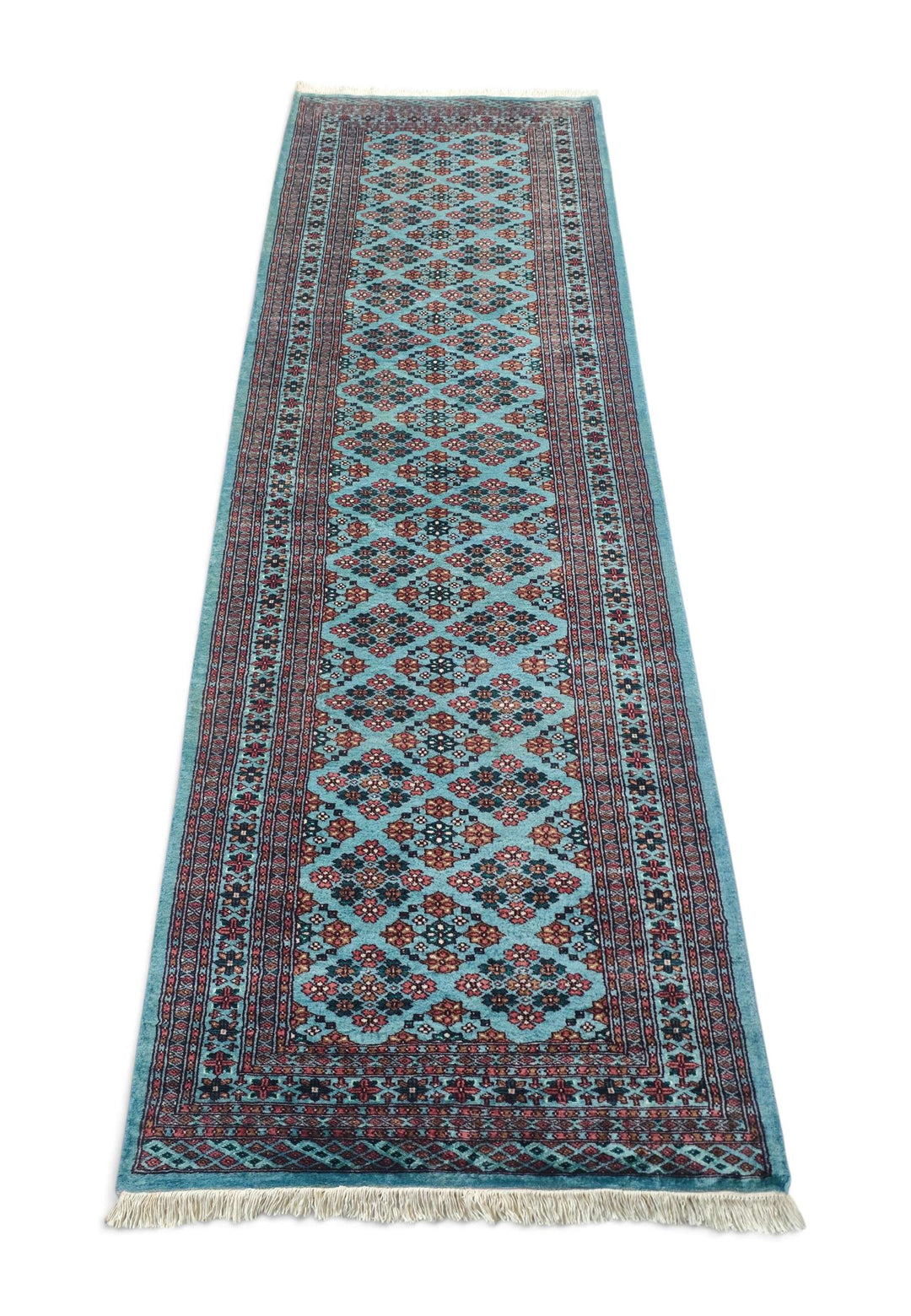 Border detail of turquoise Jaldar hand-knotted Pakistani runner