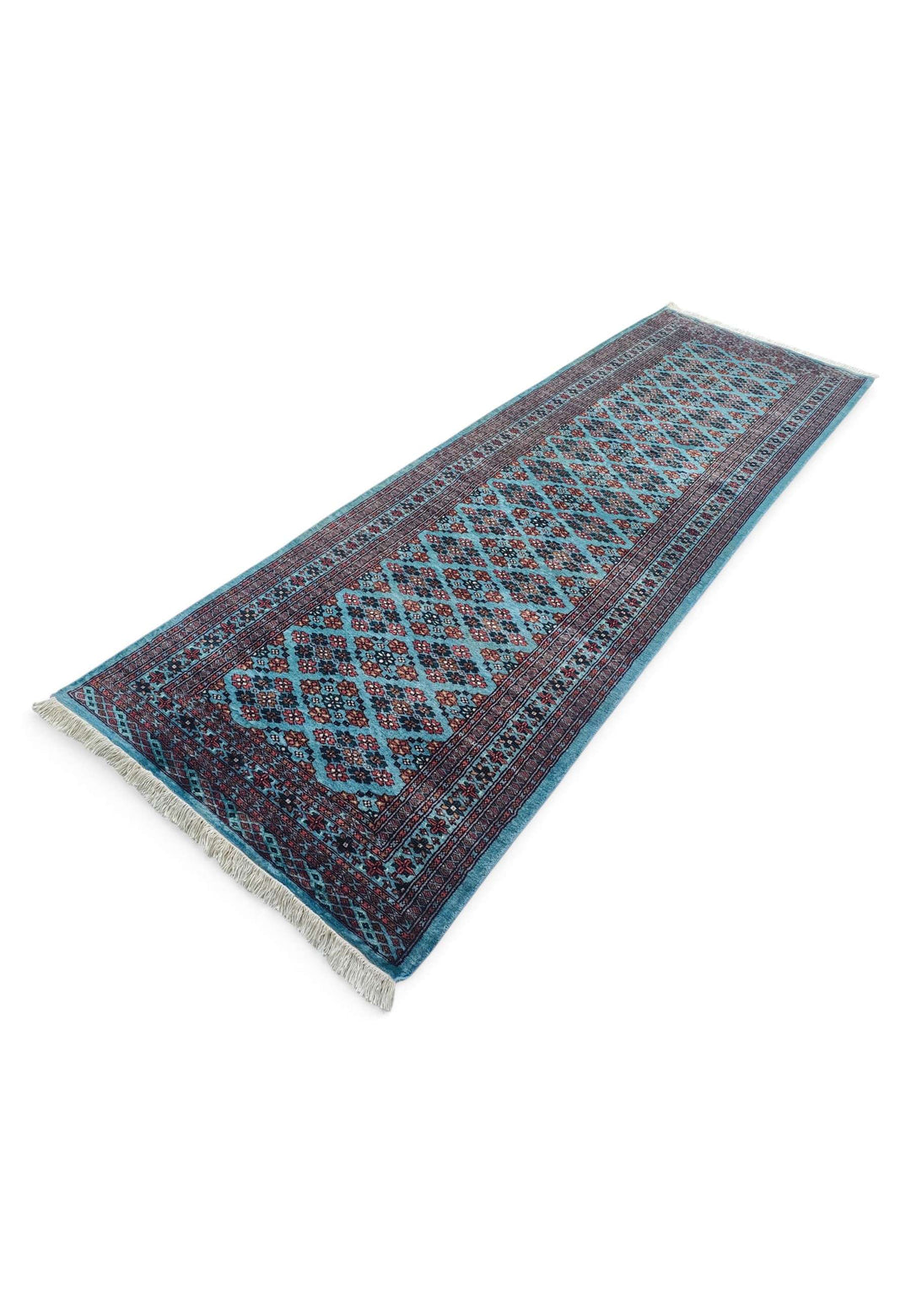 Hand-knotted wool pile of turquoise Jaldar runner, 98×303cm