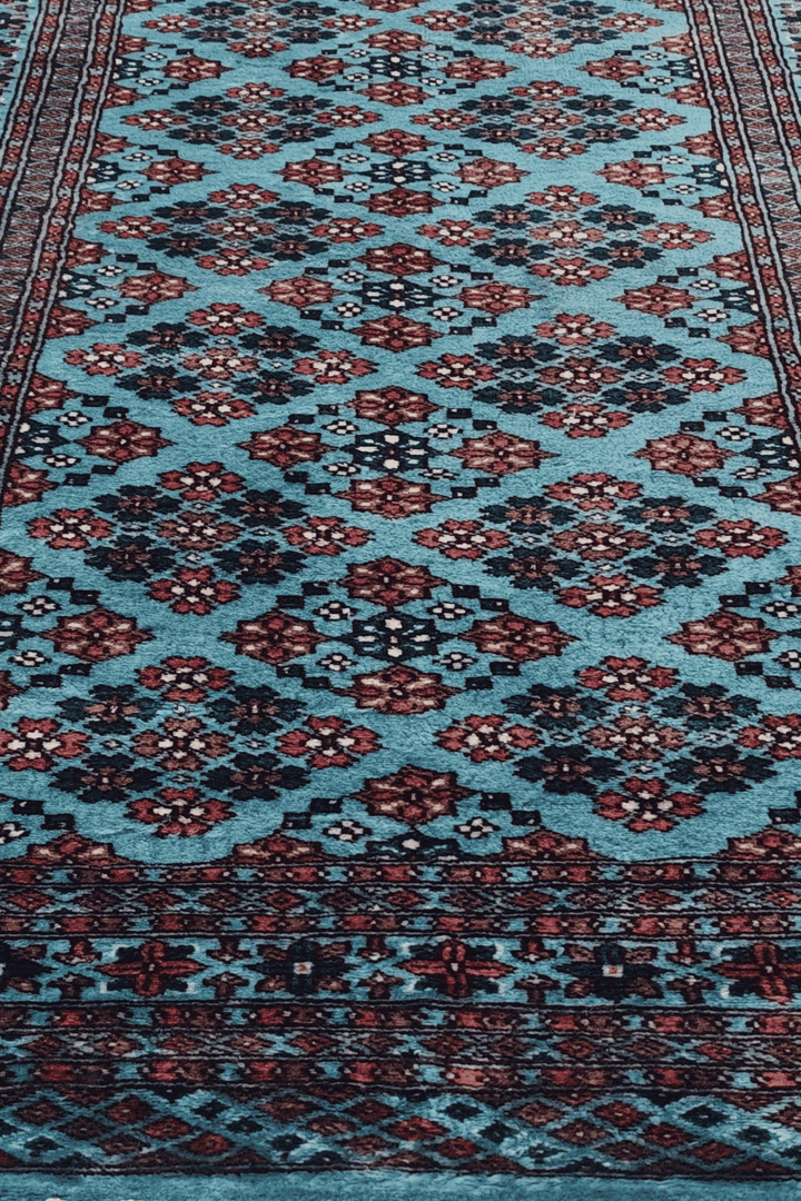 Hand-knotted turquoise Jaldar runner with polychrome lattice