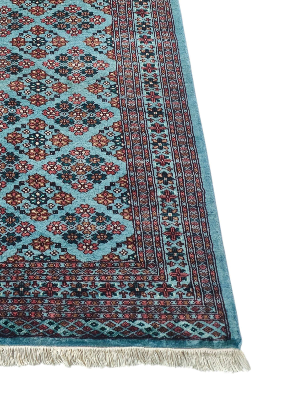 Corner of turquoise and rose Jaldar hand-knotted runner