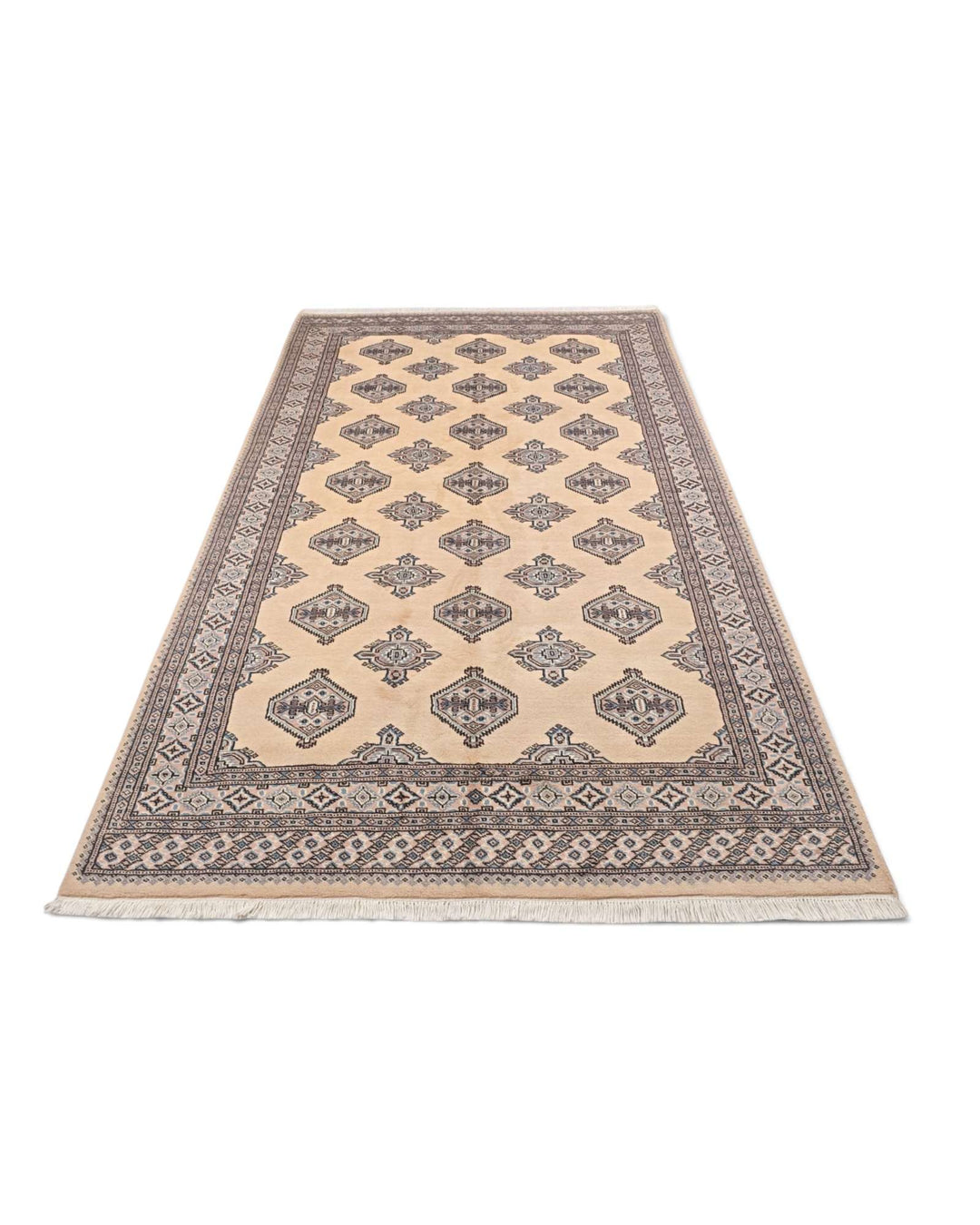Border detail of ivory slate Jaldar hand-knotted Pakistani rug