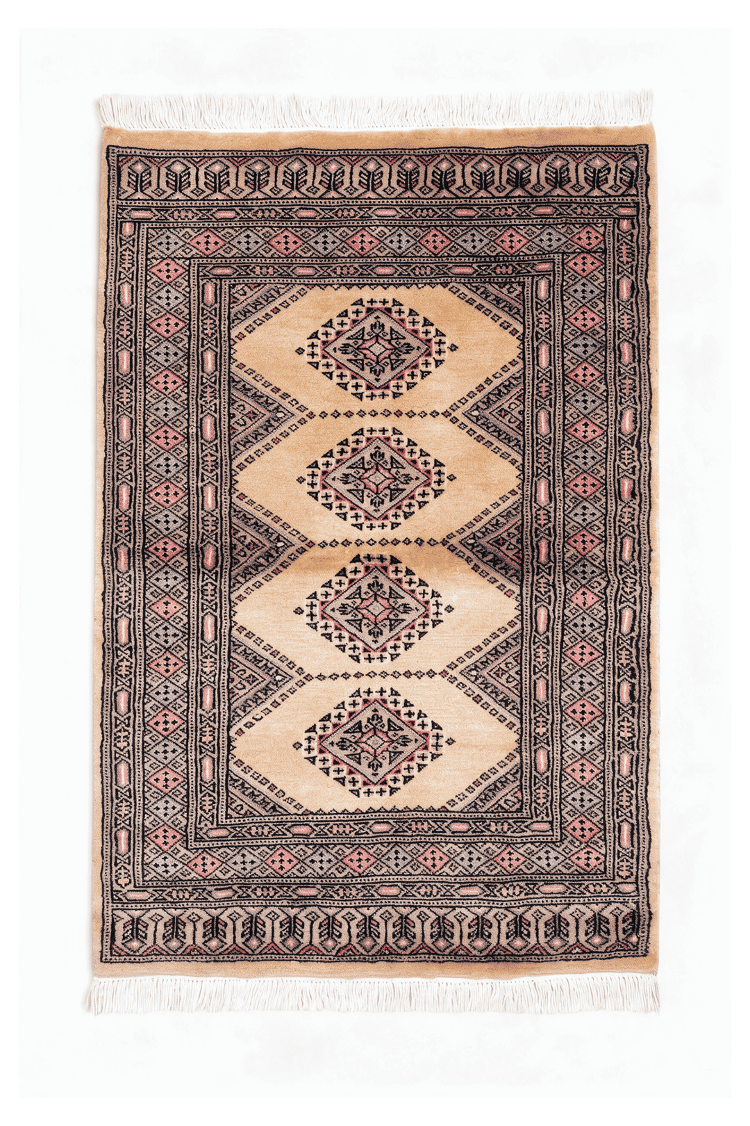 Warm Ivory Pakistani Jaldar Rug, gul design, hand-knotted, 79×114cm
