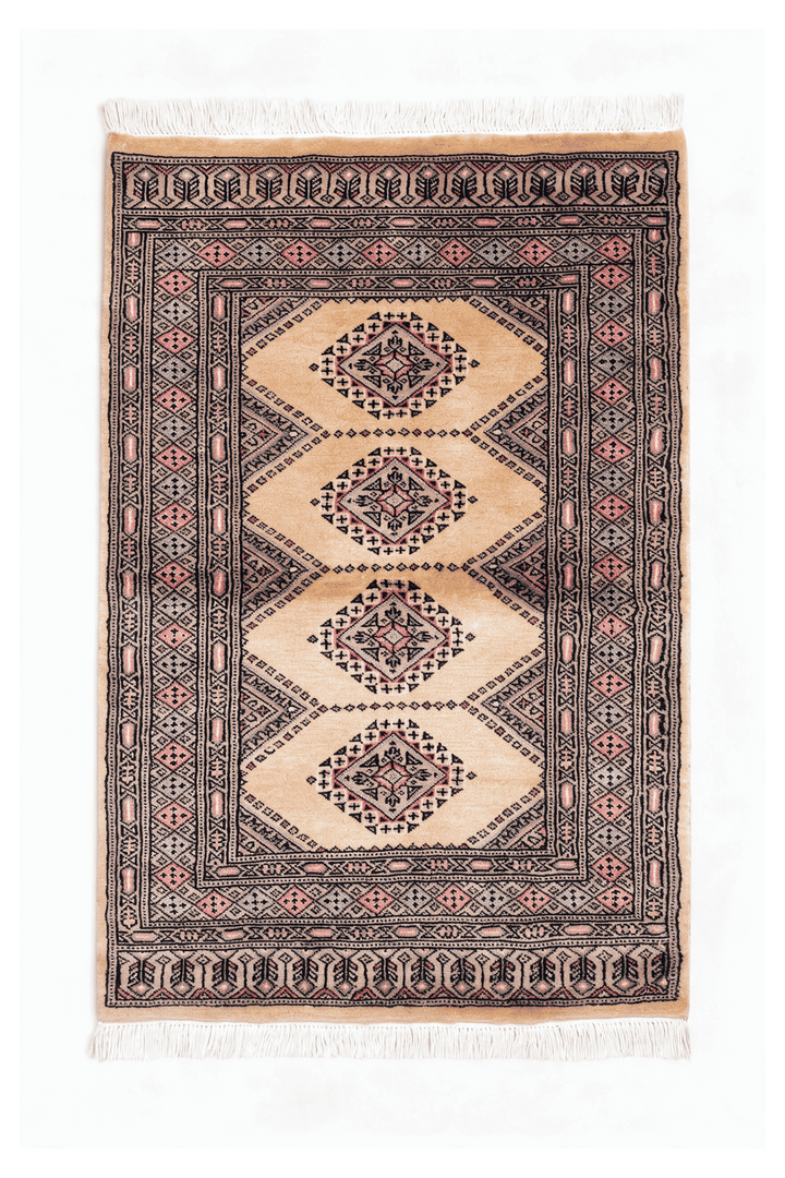 Warm Ivory Pakistani Jaldar Rug, gul design, hand-knotted, 79×114cm