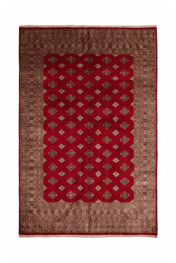 Brick red and cream diamond Jaldar rug in wool and silk, 200×250cm
