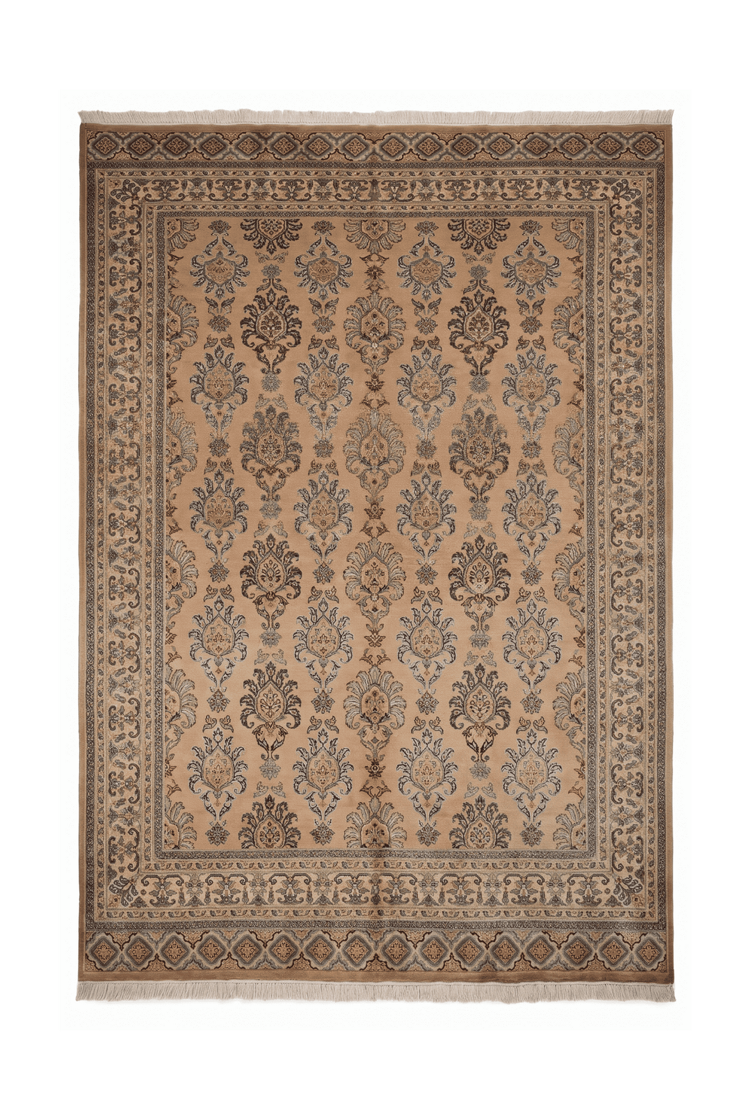 Apricot and slate blue palmette rug in wool and silk, 198×251cm, 3 tatami