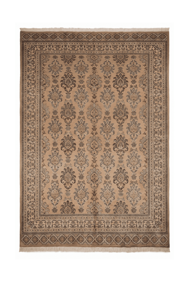 Apricot and slate blue palmette rug in wool and silk, 198×251cm, 3 tatami