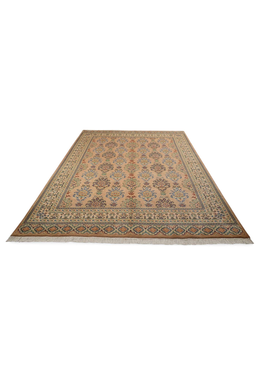 Border detail of apricot palmette hand-knotted Pakistani rug