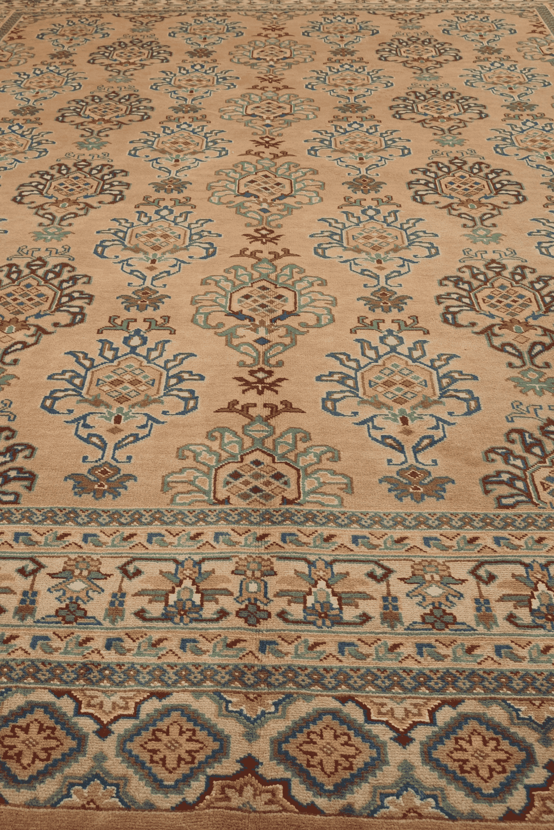 One-of-a-kind apricot and slate blue palmette Pakistani rug