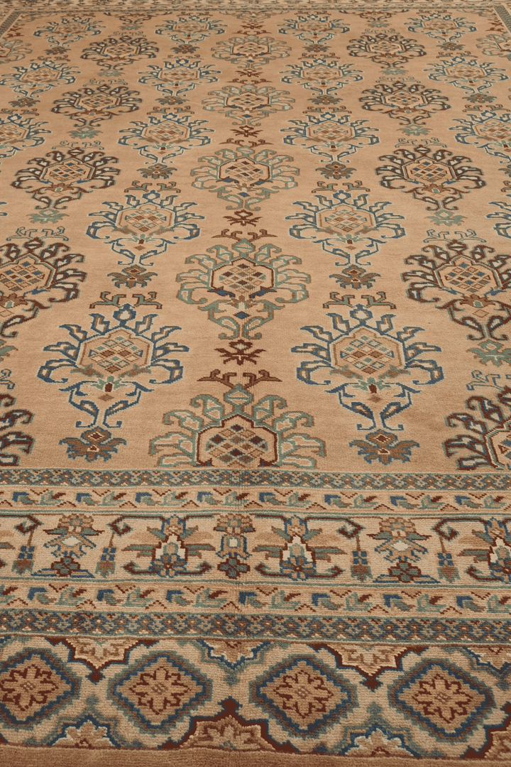 One-of-a-kind apricot and slate blue palmette Pakistani rug