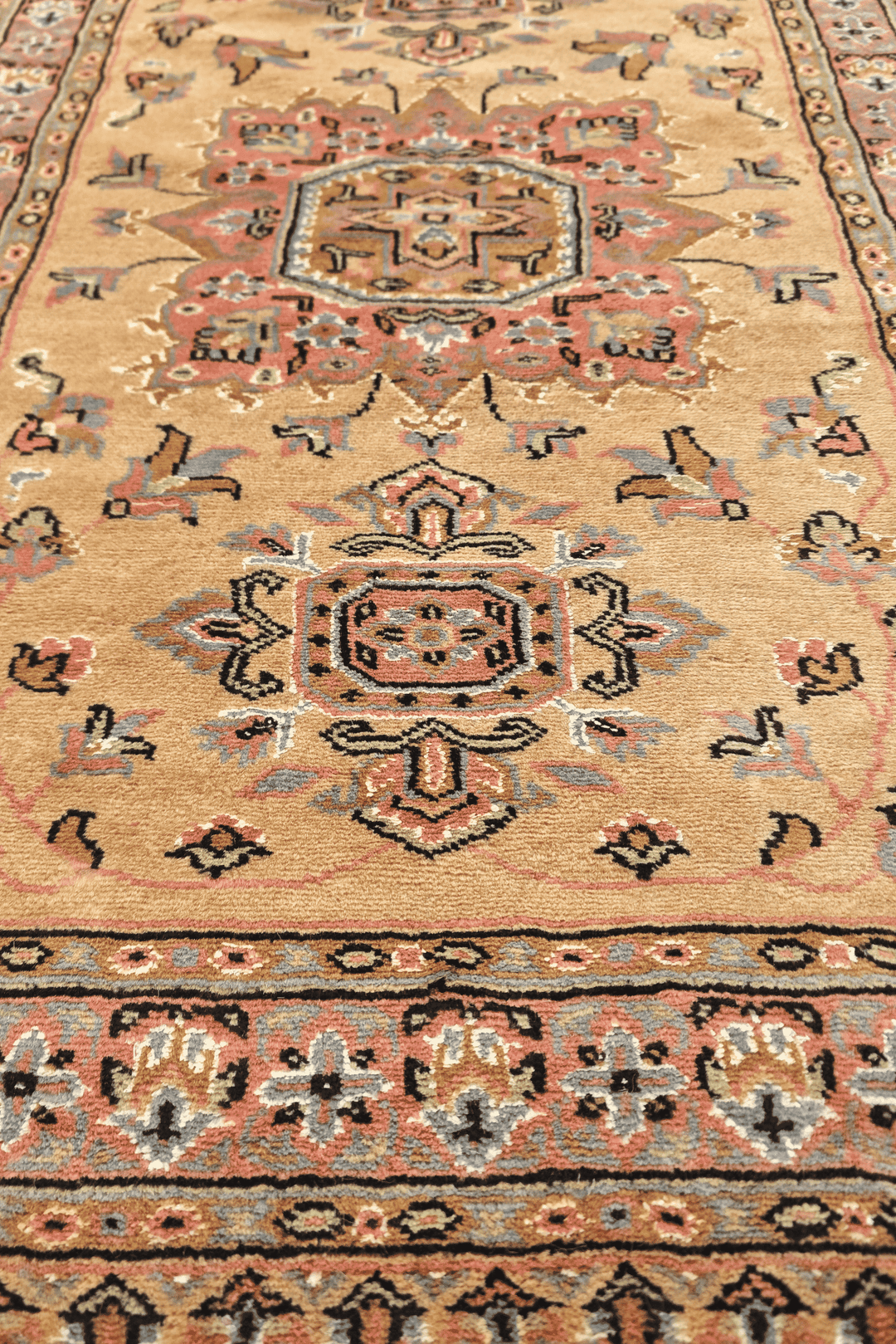 Hand-knotted golden Jaldar runner with silk medallions