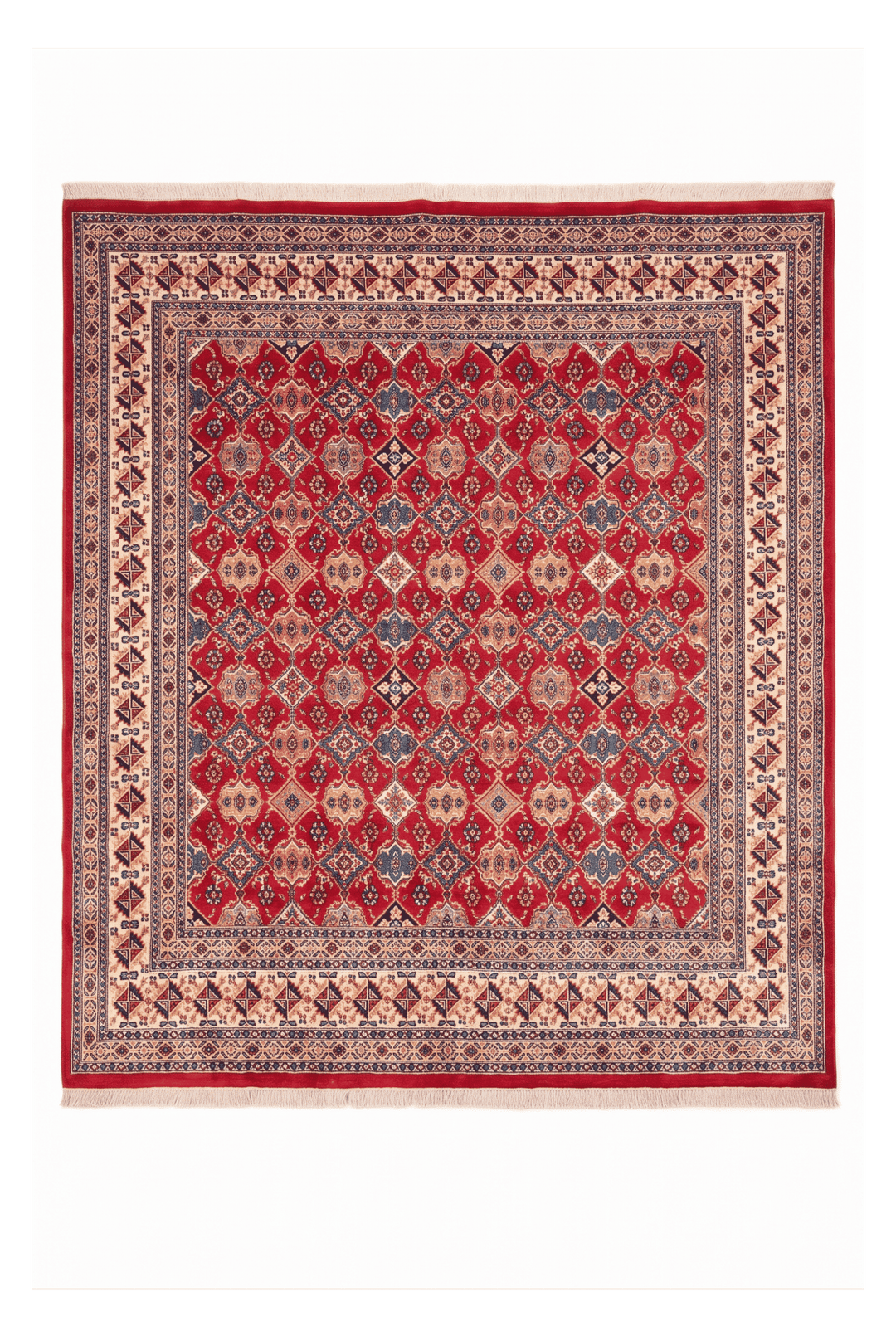 Red polychrome lattice Jaldar square rug in wool and silk, 252×238cm