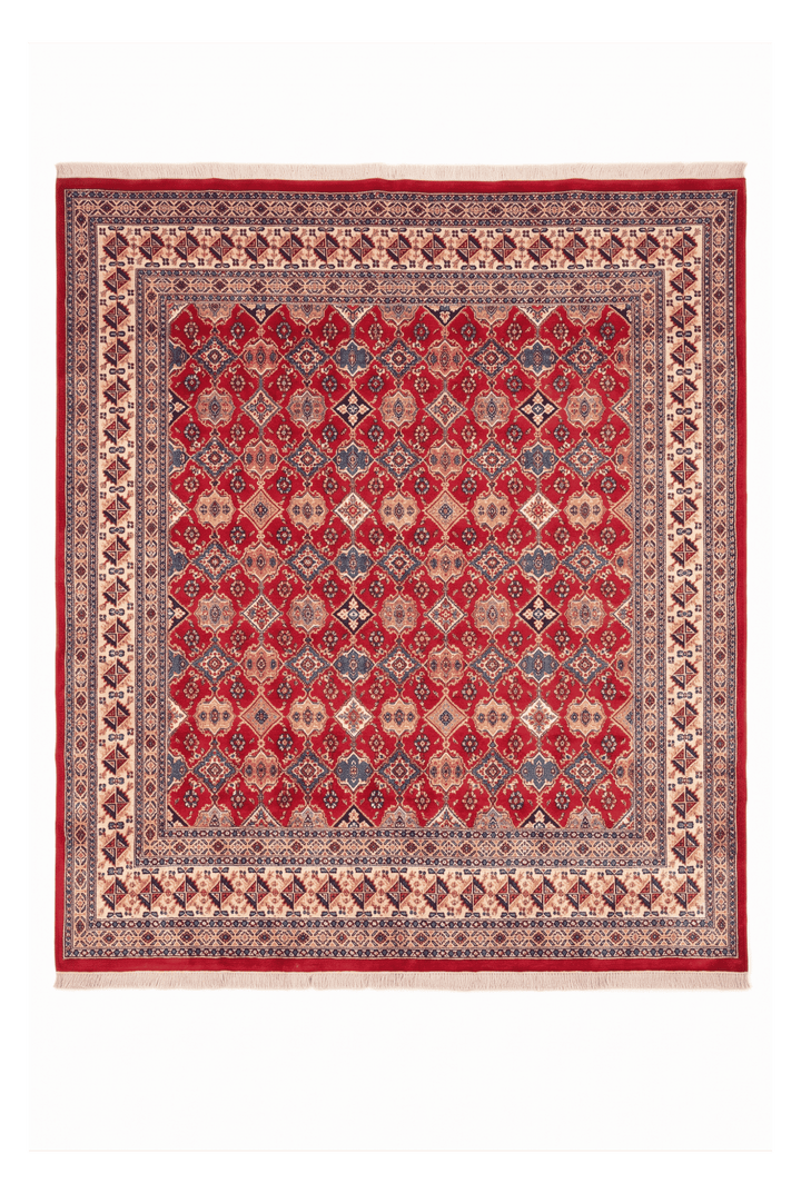 Red polychrome lattice Jaldar square rug in wool and silk, 252×238cm