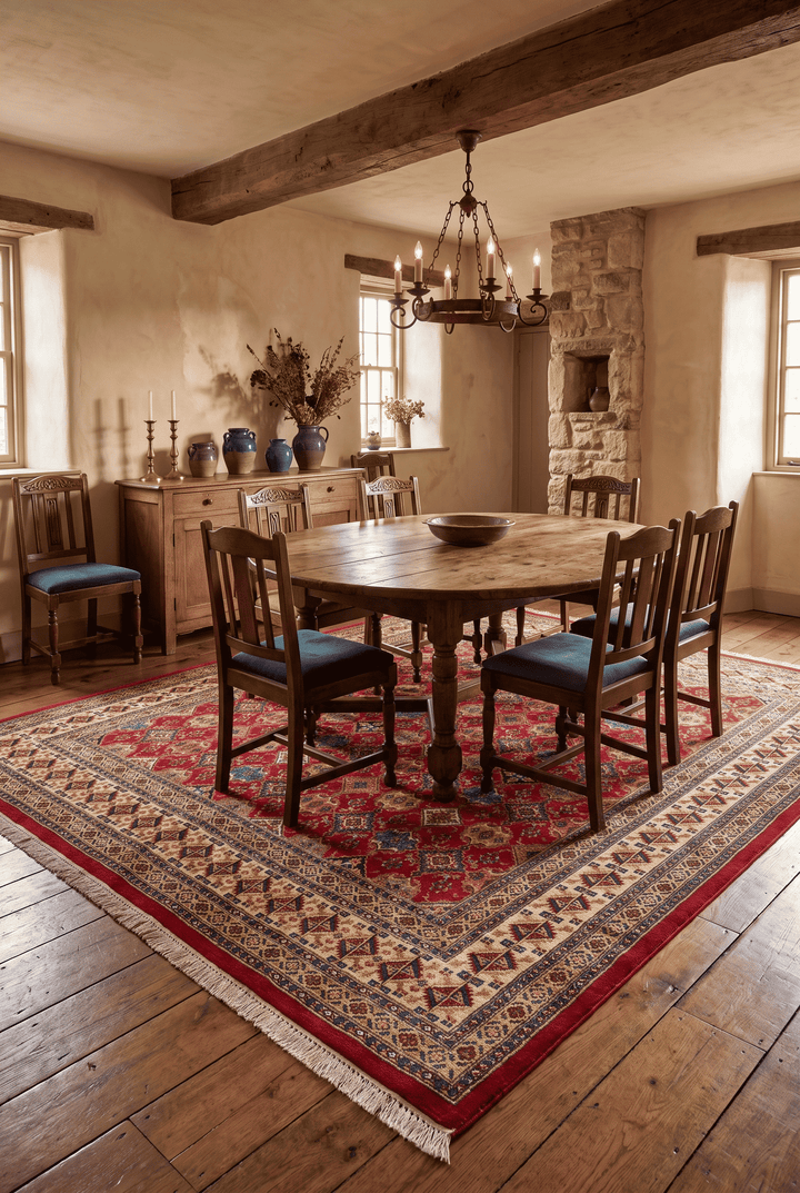 Polychrome lattice detail in red on square Jaldar wool and silk rug