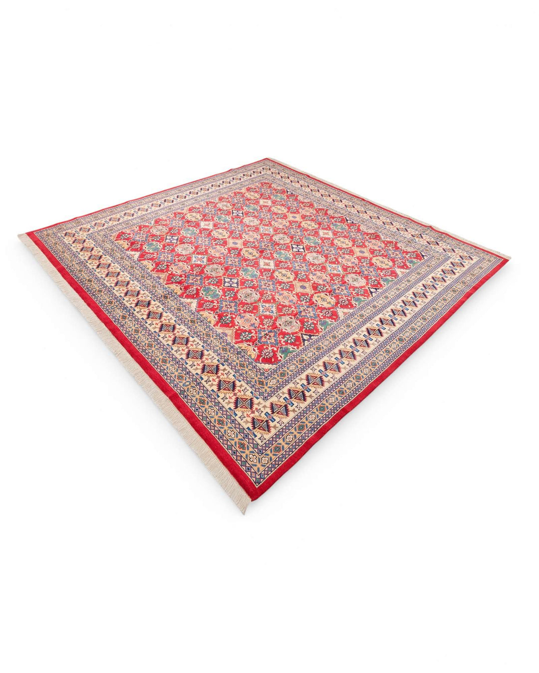 Fringe of red square Jaldar wool and silk hand-knotted rug