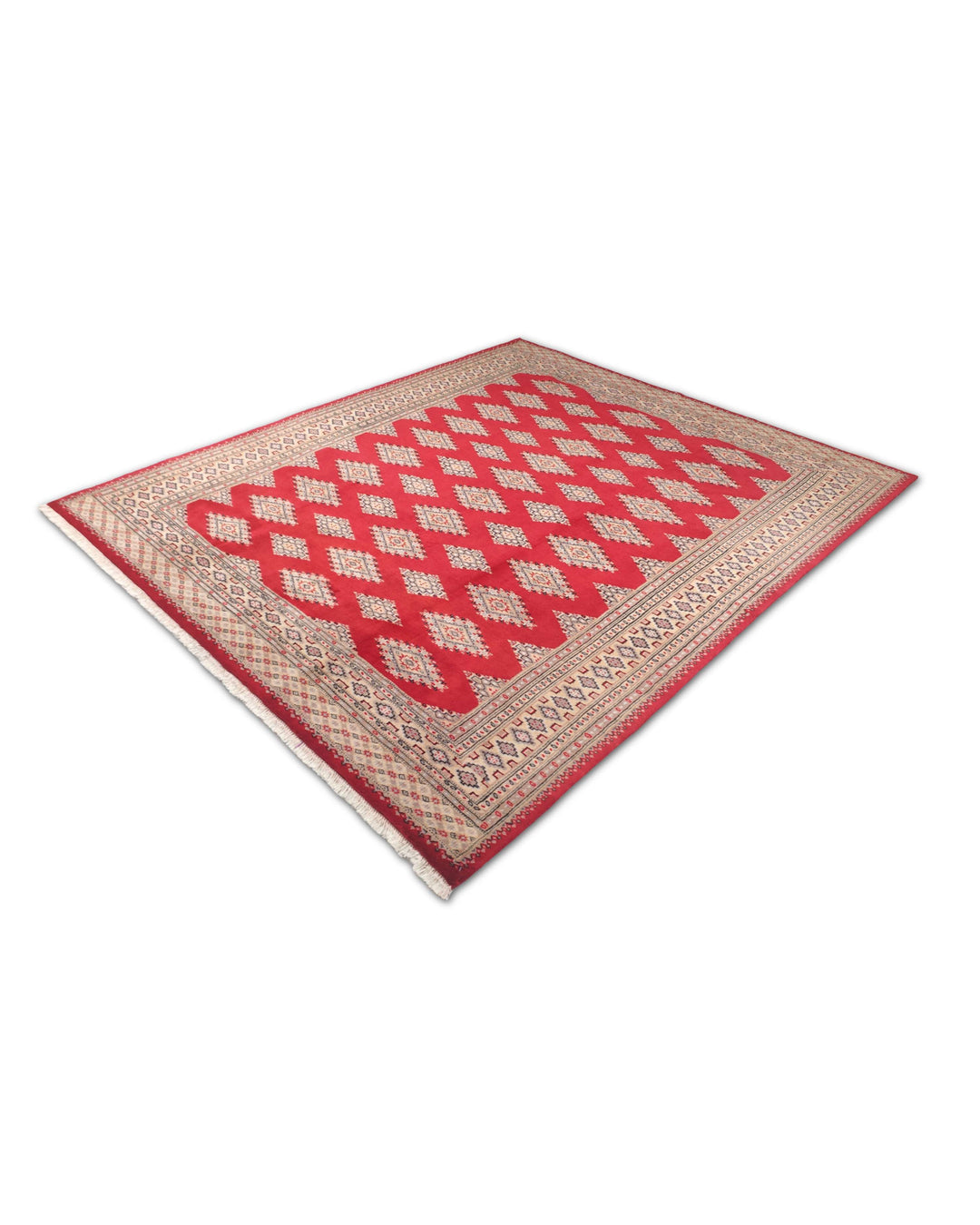 Hand-knotted crimson Jaldar rug with silk diamond güls