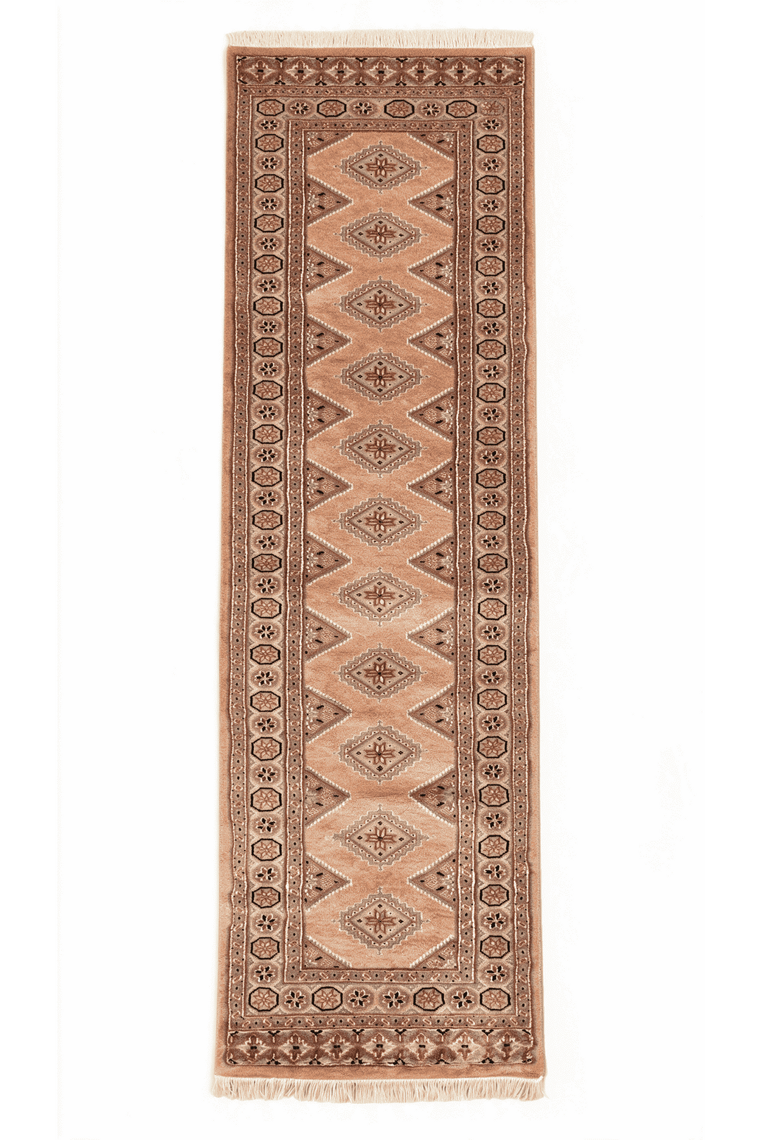 Salmon and mauve Jaldar diamond gül runner in wool and silk, 61×185cm