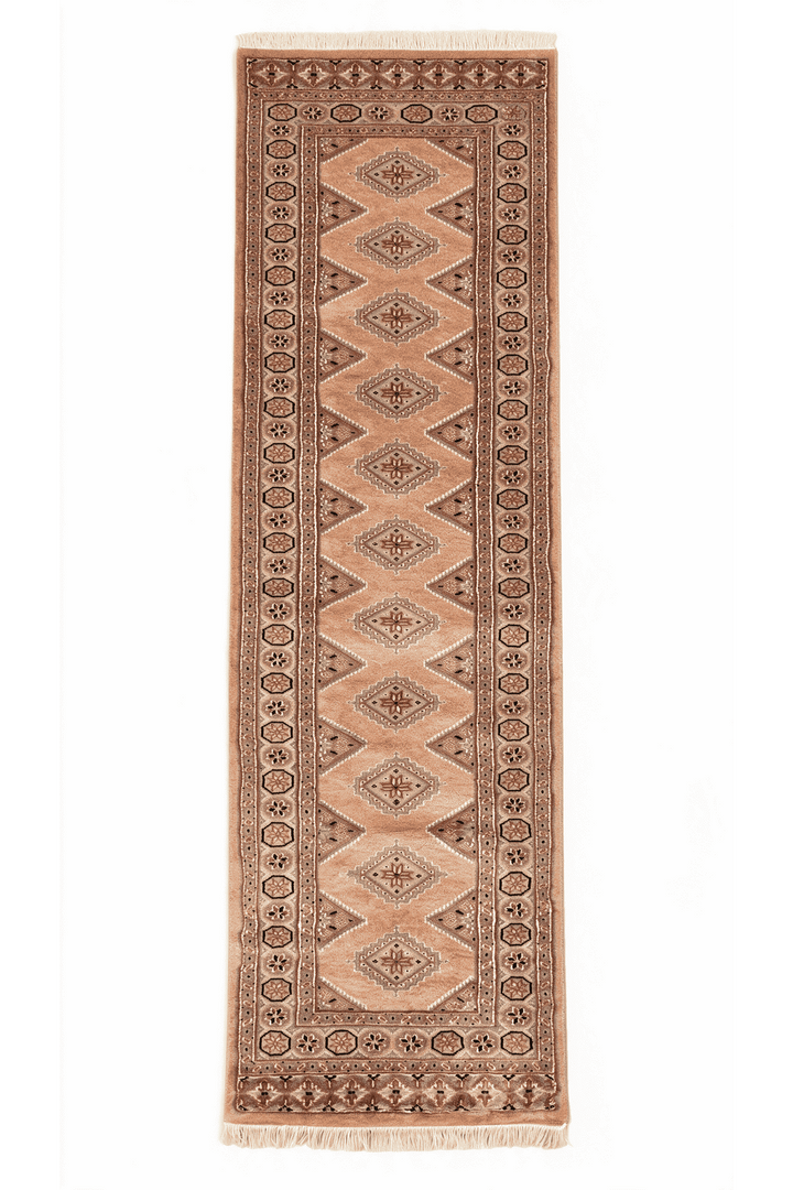 Salmon and mauve Jaldar diamond gül runner in wool and silk, 61×185cm