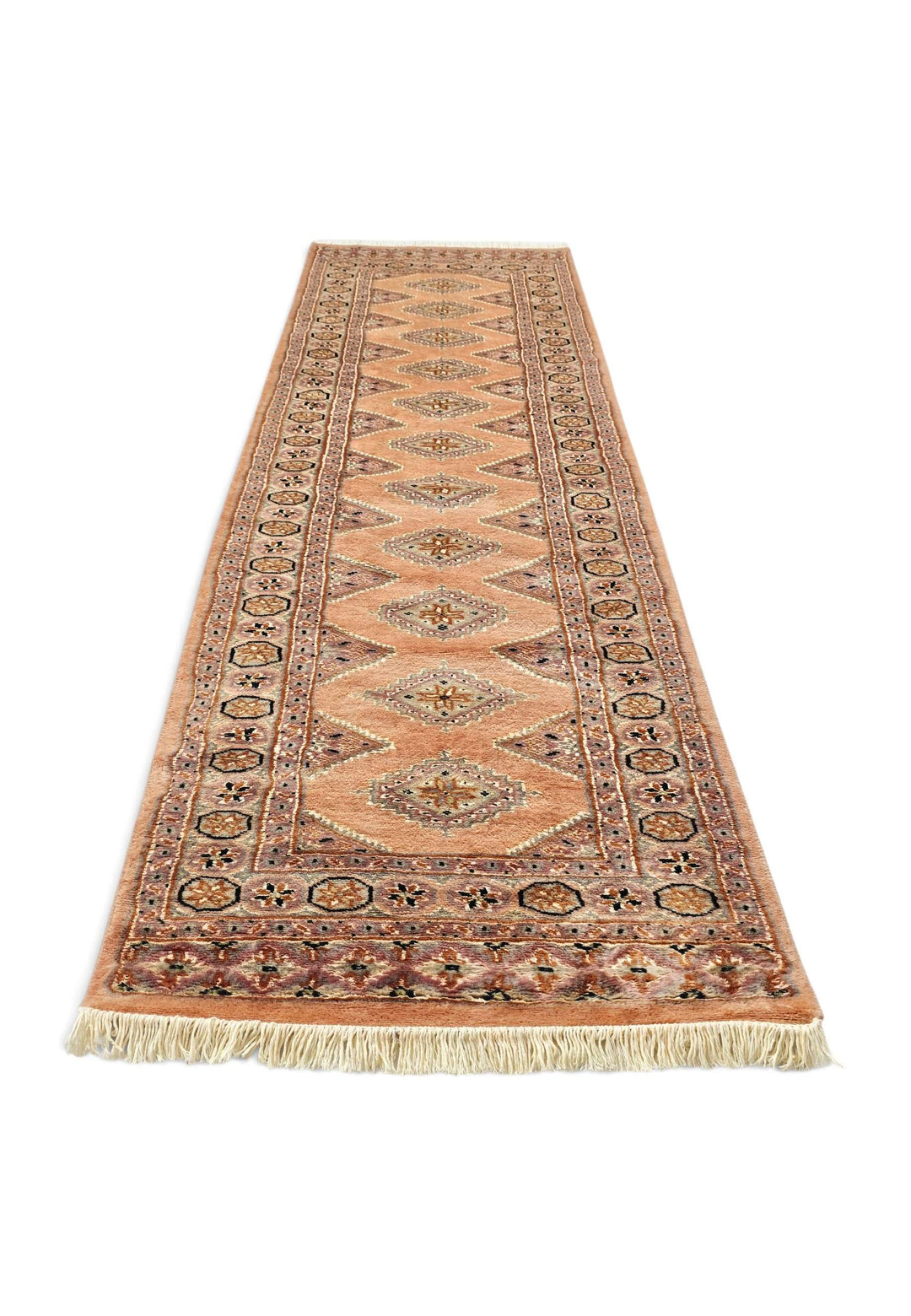 Border detail of salmon Jaldar hand-knotted Pakistani runner