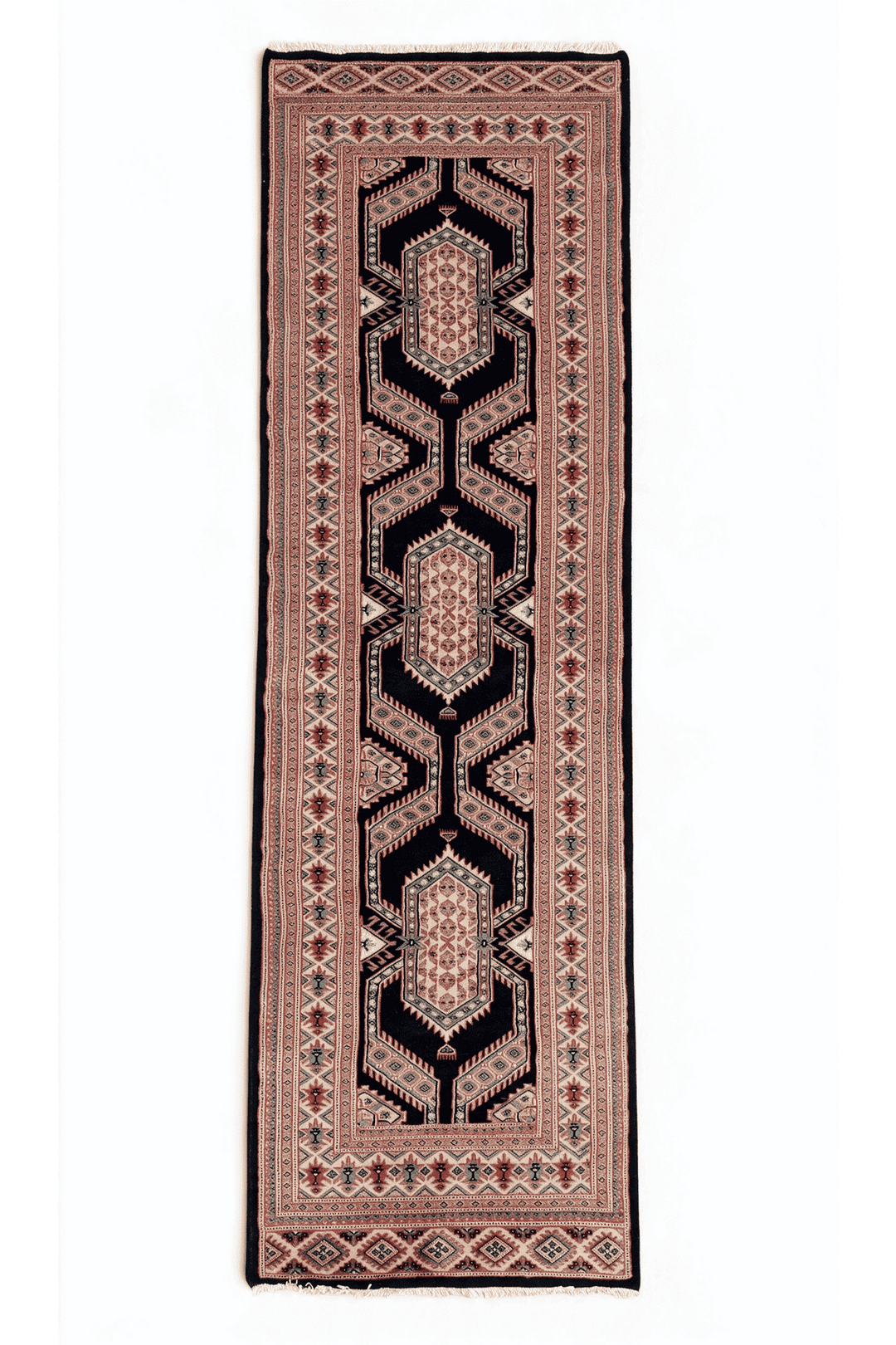 Indigo and camel Jaldar nested medallion runner in wool and silk, 77×254cm