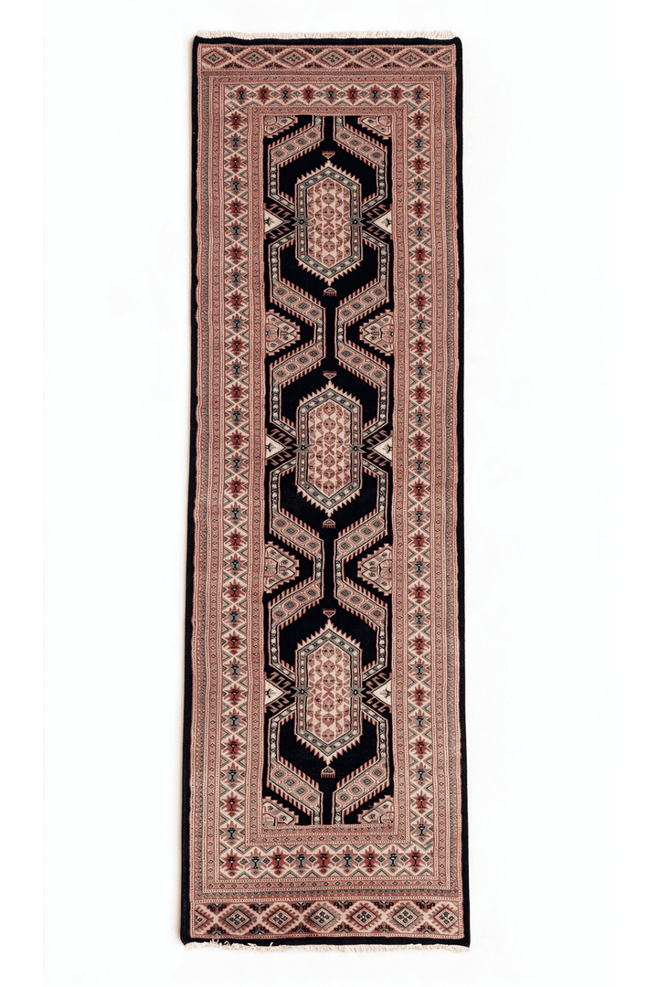 Indigo and camel Jaldar nested medallion runner in wool and silk, 77×254cm