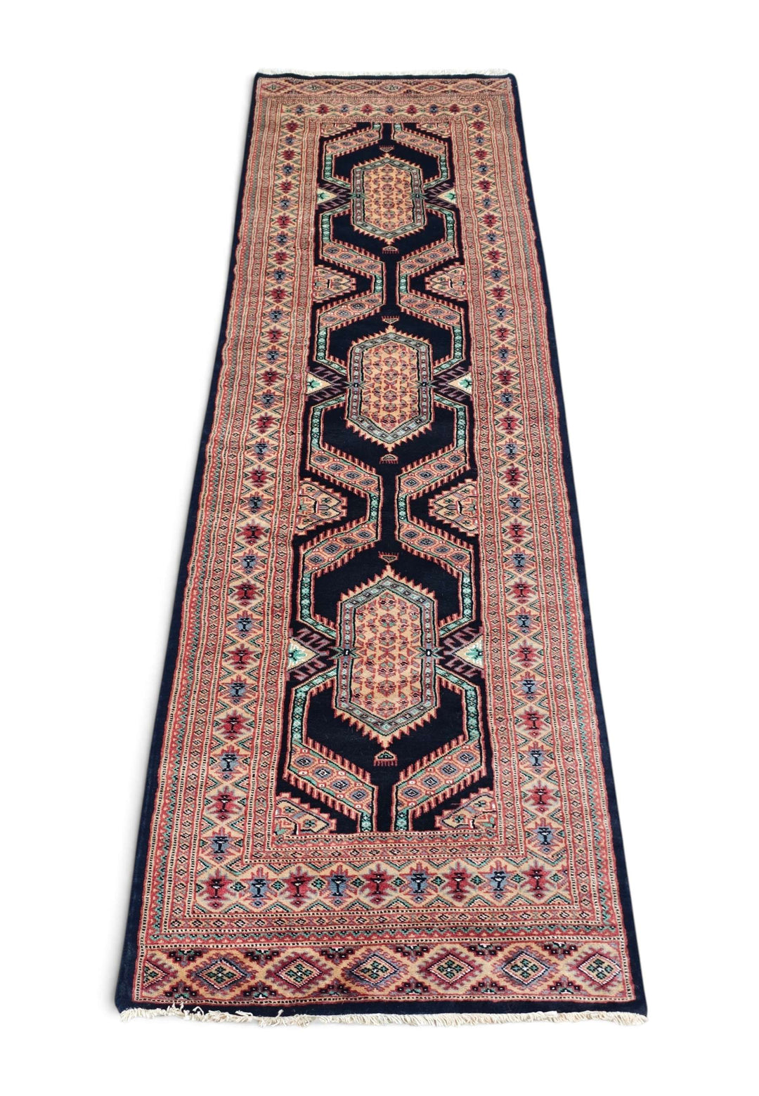 Border detail of indigo Jaldar hand-knotted Pakistani runner