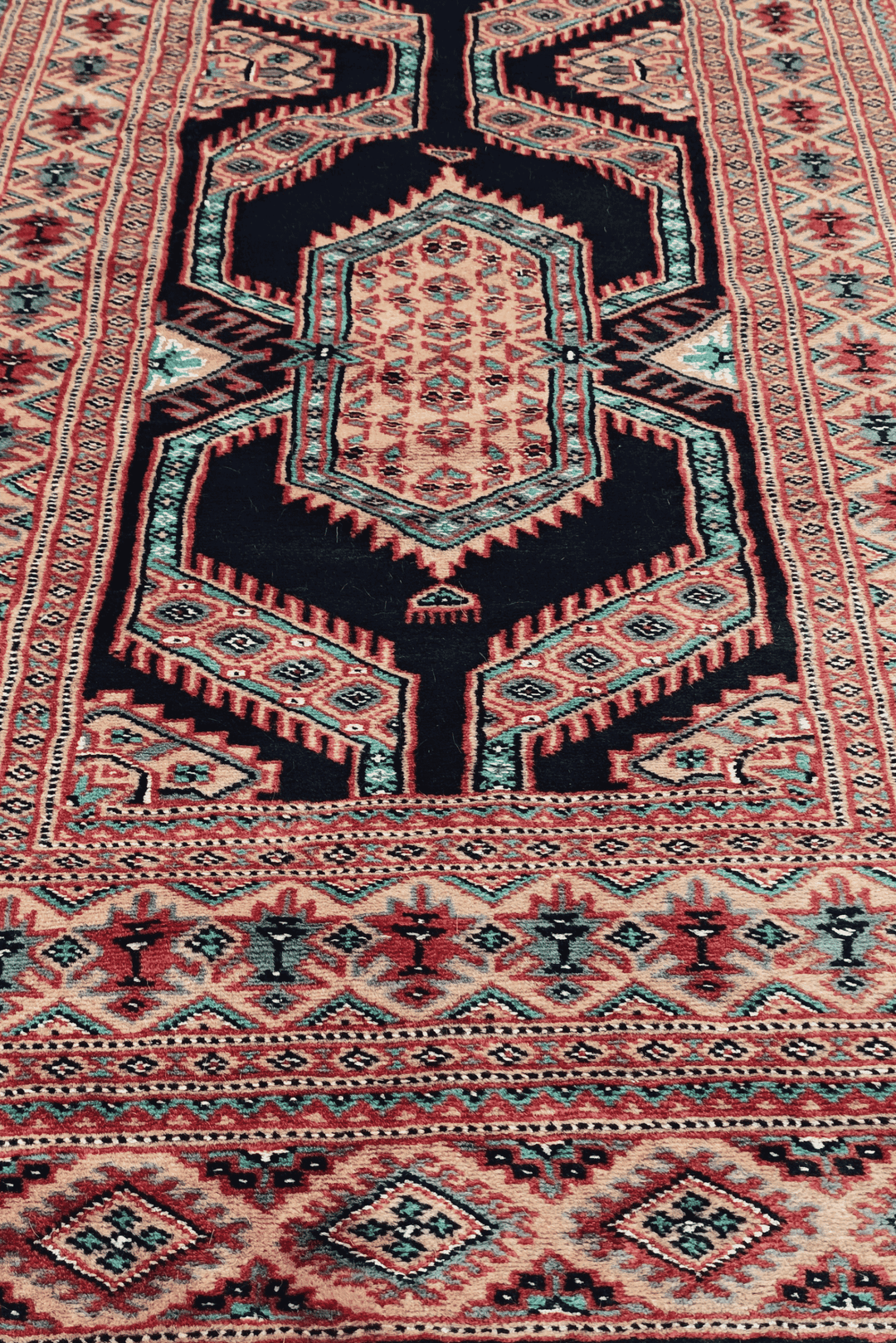 Hand-knotted indigo Jaldar runner with silk nested medallions