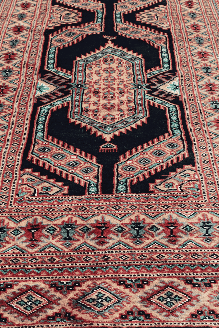 Hand-knotted indigo Jaldar runner with silk nested medallions