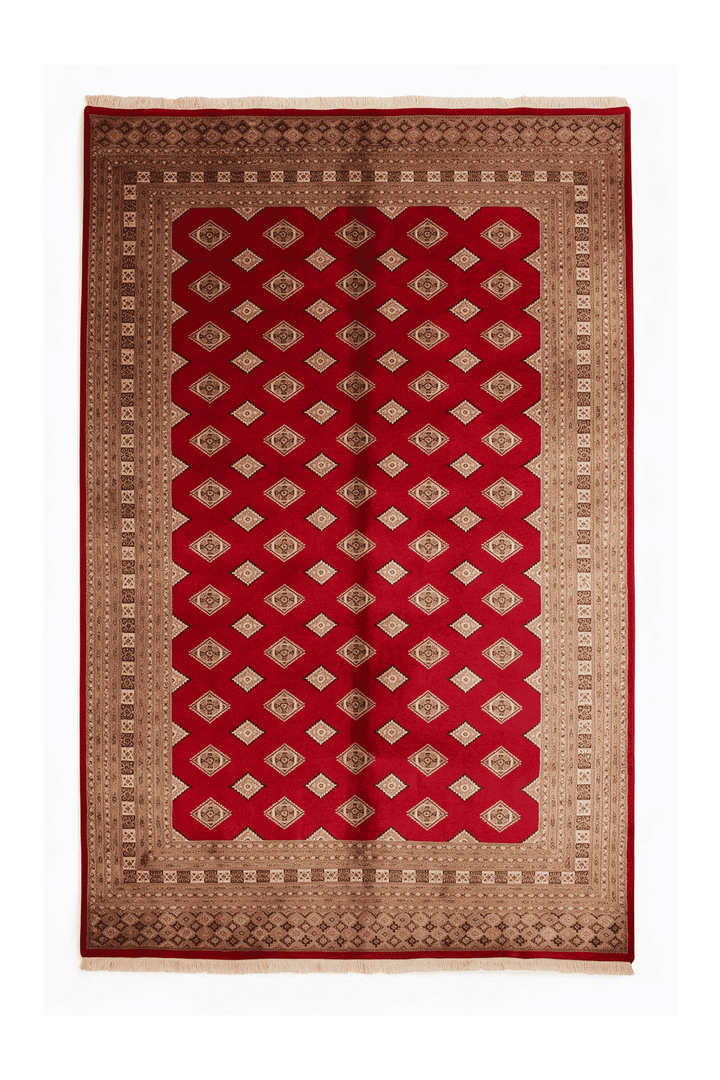 Madder red and camel Jaldar rug in wool and silk, 202×260cm, 3 tatami