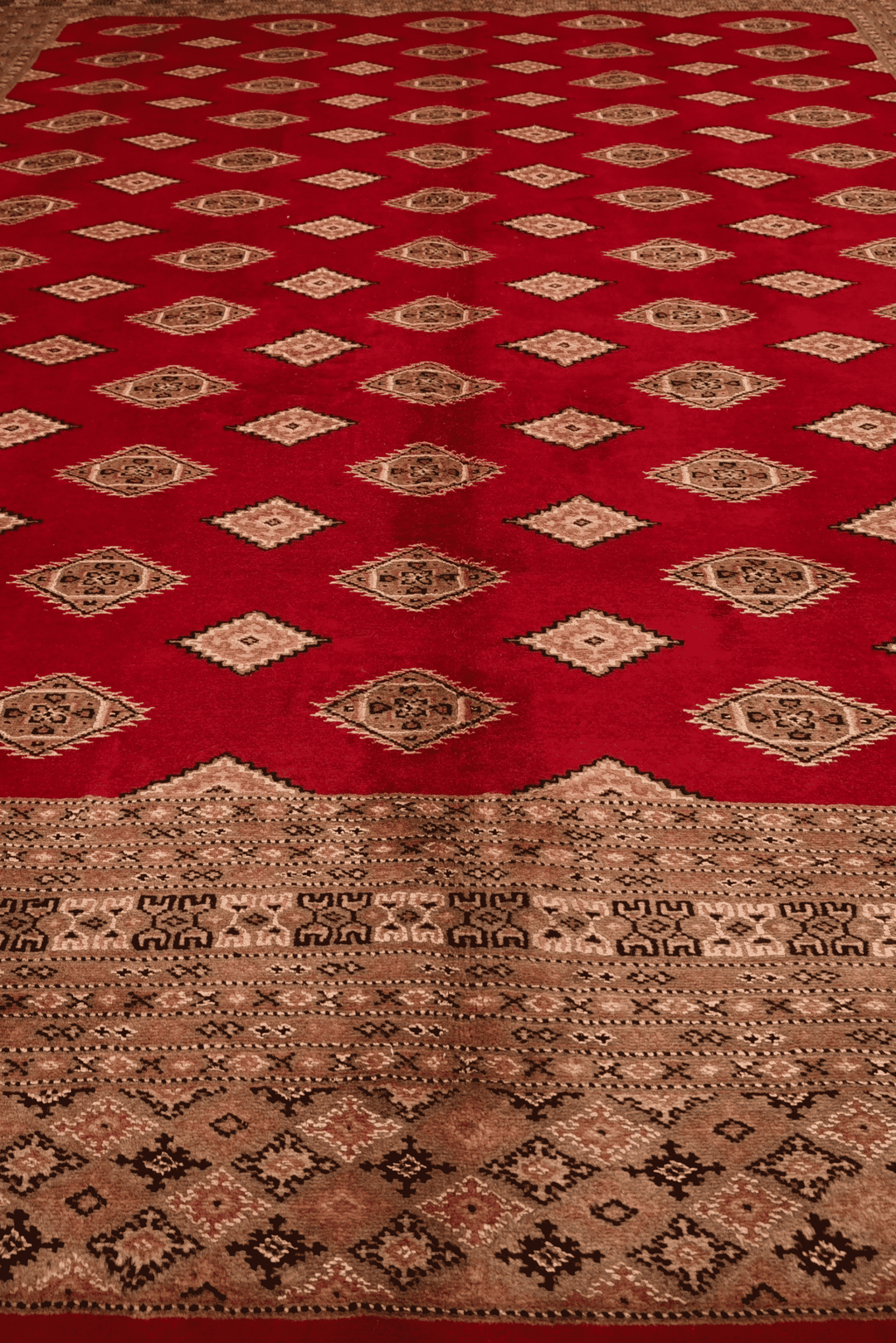 One-of-a-kind madder red and camel Pakistani Jaldar rug