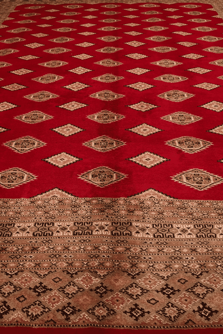 One-of-a-kind madder red and camel Pakistani Jaldar rug