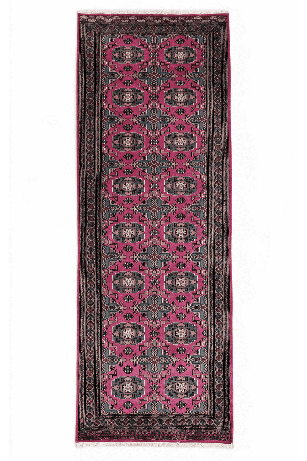Magenta and teal Jaldar rosette gül runner in wool and silk, 79×217cm