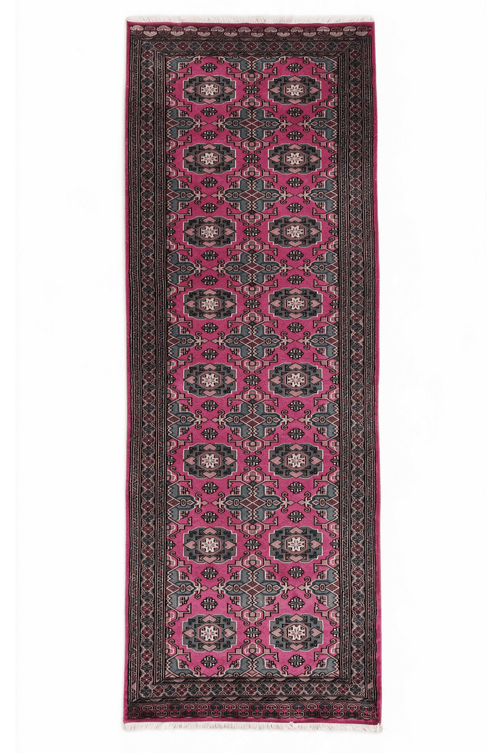 Magenta and teal Jaldar rosette gül runner in wool and silk, 79×217cm