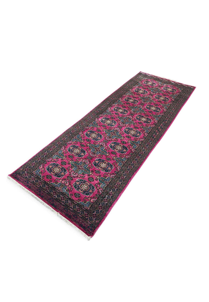 Wool and silk pile of magenta teal Jaldar runner, 79×217cm