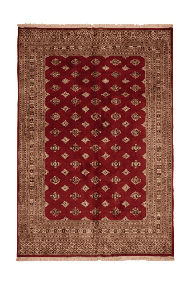 Oxblood and tan Jaldar alternating diamond rug, 197×253cm, signed