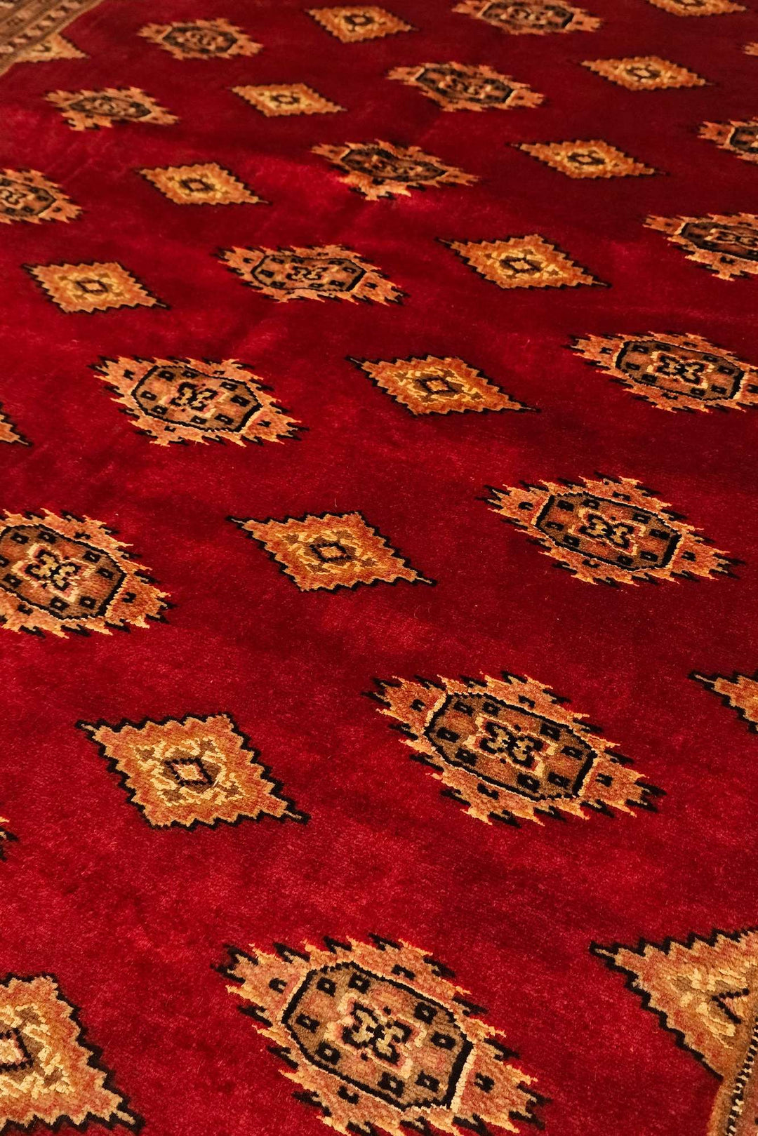 Border detail of red gold Jaldar hand-knotted Pakistani rug