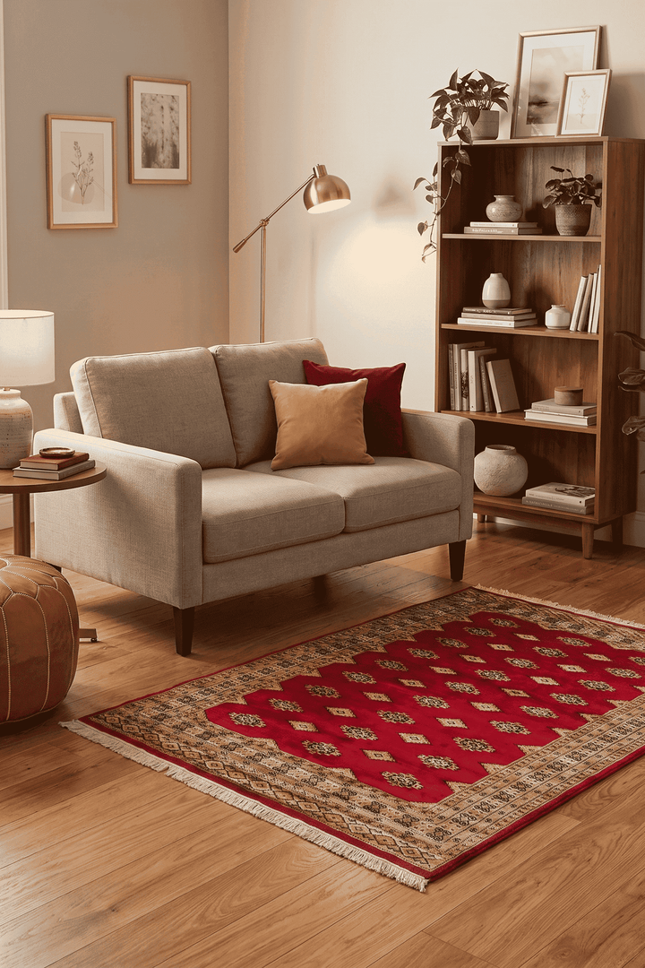 Diamond gül detail in red on Jaldar wool and silk rug