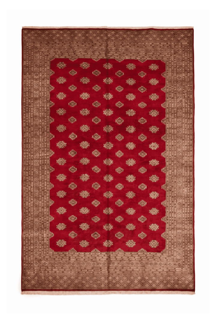 Ruby red and cream diamond Jaldar rug in wool and silk, 200×252cm
